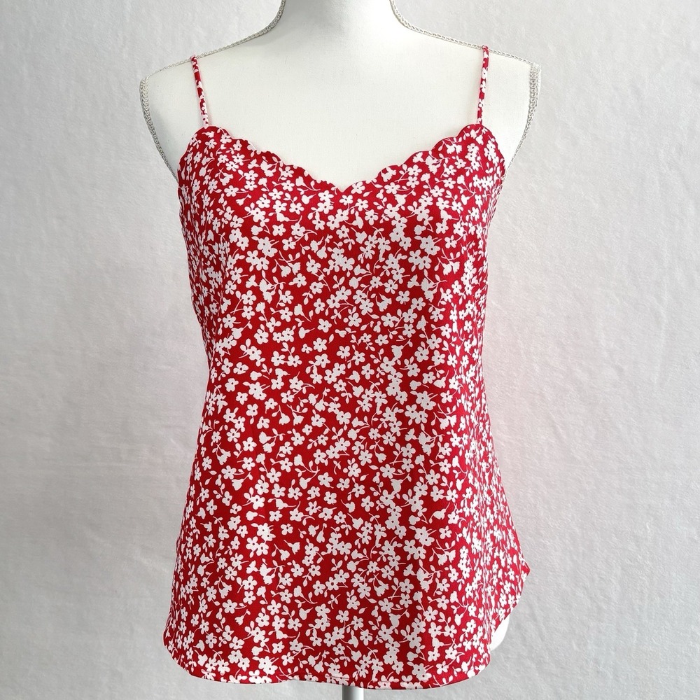 J CREW Women's Scalloped V-neck Cami Top Red WhiteBlouse Tank Spaghetti Straps 2